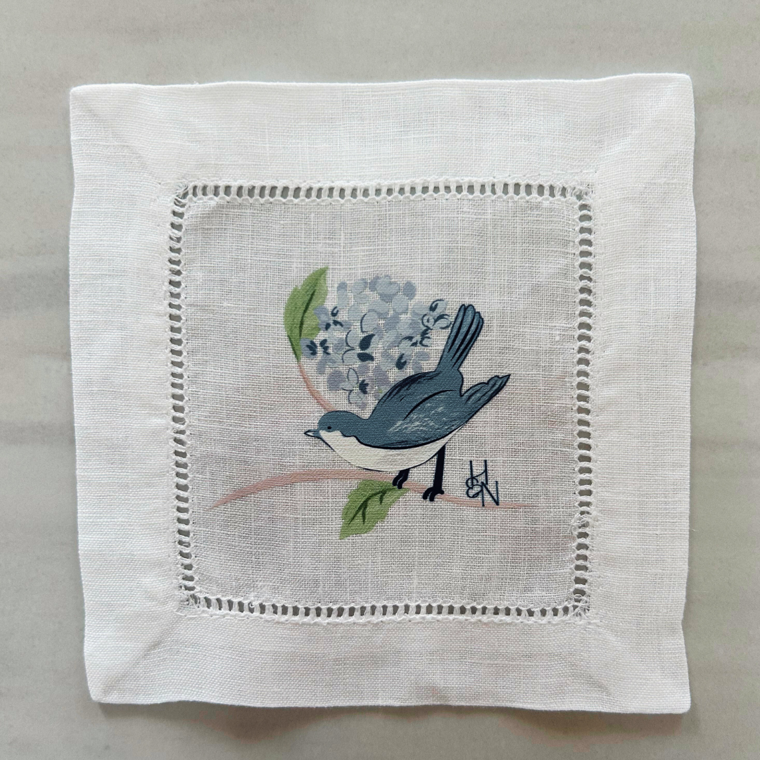 Linen Cocktail Napkins - Blue & White Bird