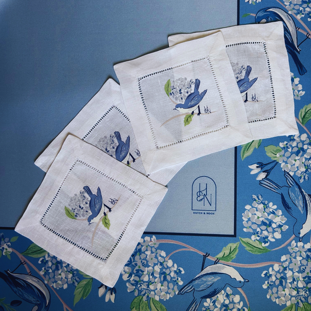 Linen Cocktail Napkins - Blue & White Bird